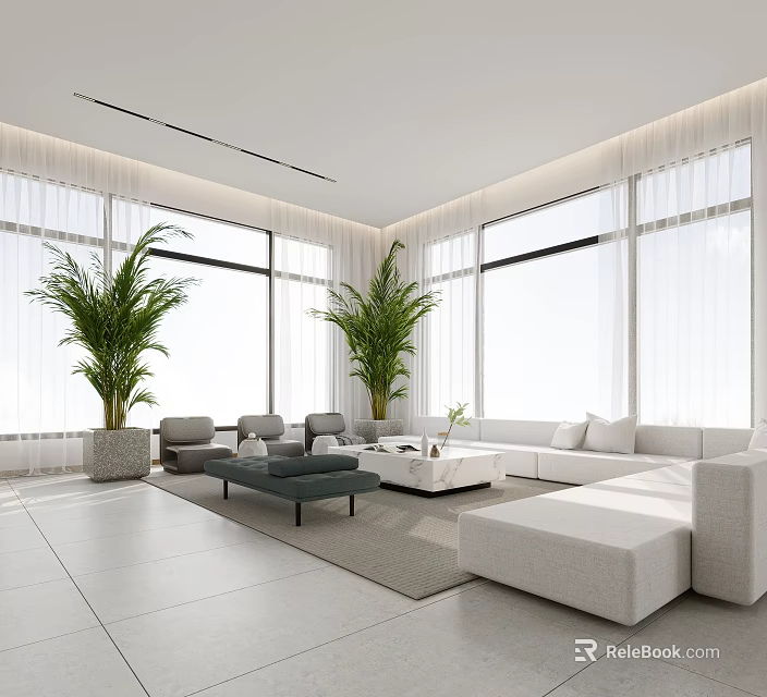 Modern Minimalist Living Dining Room Interior With Large Windows Potted Plants Sofa And Coffee Table 3d model 