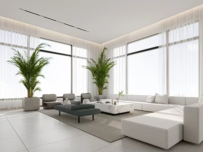 Modern Minimalist Living Dining Room Interior With Large Windows Potted Plants Sofa And Coffee Table 3d model