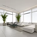 Modern Minimalist Living Dining Room Interior With Large Windows Potted Plants Sofa And Coffee Table