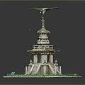 Scenic Traditional Multi Level Tower with Green Roof and Stairs on Lush Green Lawn