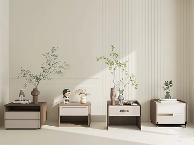 Four Modern Bedside Tables With Vases Small Decorations In Simple Style 3d model