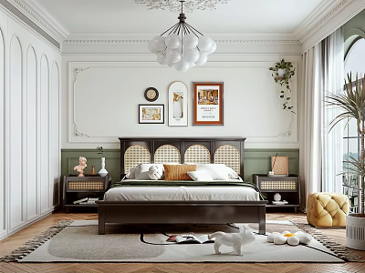 Elegant Modern Bedroom Interior With Wooden Headboard Framed Artworks Spherical Pendant Light And Area Rug 3d model