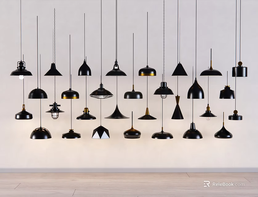 Various Black and Gold Pendant Lights with Unique Designs for Interior Decor 3d model 