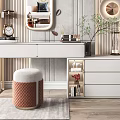 Elegant Modern Dressing Table With White Drawers Oval Mirror Green Plant Stool And Wall Clock