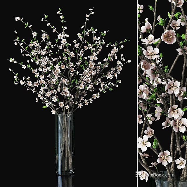 Decorative Ornament Set with Transparent Vase and White Pink Flower Branches 3d model 