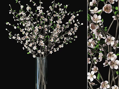 Decorative Ornament Set with Transparent Vase and White Pink Flower Branches 3d model