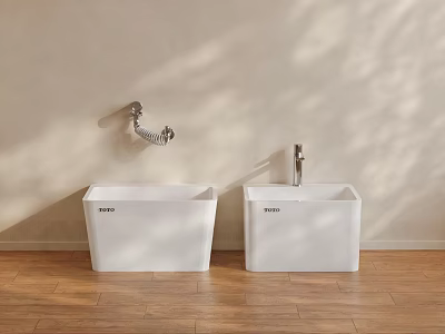 Minimalist White Washbasins On Wooden Floor With Light Wall And Faucet 3d model