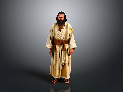 Man In Traditional Beige Robe With Brown Belt And Sandals Standing 3d model