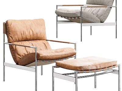 Modern Leather Armchairs With Metal Frame Brown Gray Comfortable And Ottoman Design 3d model
