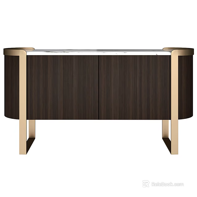 Modern TV Stand With Dark Brown Wood Grain Cabinet Doors And Gold Metal Frame 3d model 