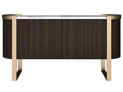 Modern TV Stand With Dark Brown Wood Grain Cabinet Doors And Gold Metal Frame 3d model