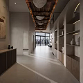 Modern Hotel Lobby Interior With Wooden Ceiling Green Plants And Art Sculpture