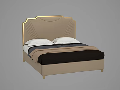 Beige Double Bed With Gold Accent Headboard And Layered Bedding 3d model