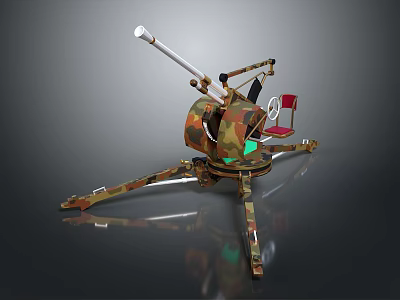 Camouflage Military Weapon Featuring Cannon Barrel Tripod Stand And Red Seat 3d model