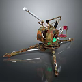 Camouflage Military Weapon Featuring Cannon Barrel Tripod Stand And Red Seat