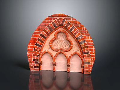 Red Brick Gothic Arch Structure With Three Arches And Decorative Tracery Design 3d model