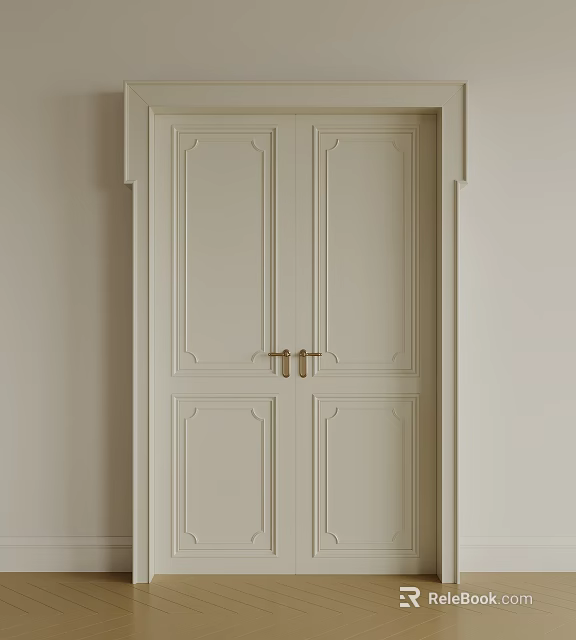 Cream Double Doors With Modern Symmetric Panel Design And Brass Handles 3d model 