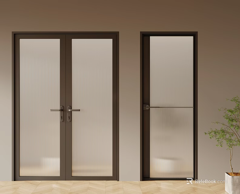 Double Doors Dark Frame Frosted Glass Interior Room Entrance With Wooden Floor And Potted Plant 3d model 