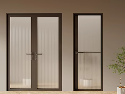 Double Doors Dark Frame Frosted Glass Interior Room Entrance With Wooden Floor And Potted Plant 3d model