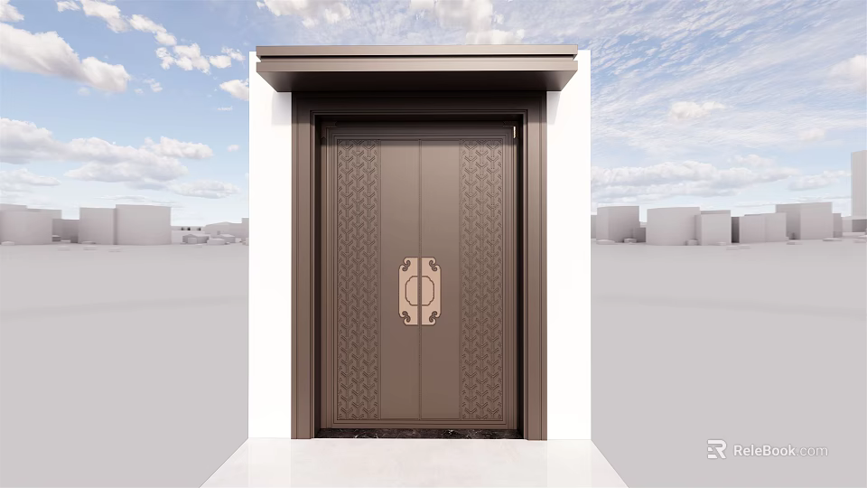 Brown Entry Door With Carved Patterns Golden Handles And White Frame Under Blue Sky 3d model 