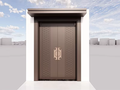 Brown Entry Door With Carved Patterns Golden Handles And White Frame Under Blue Sky 3d model