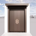 Brown Entry Door With Carved Patterns Golden Handles And White Frame Under Blue Sky