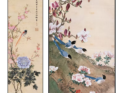 Traditional Chinese Flower and Bird Paintings With Magnolia Peony Blossoms and Blue Birds 3d model