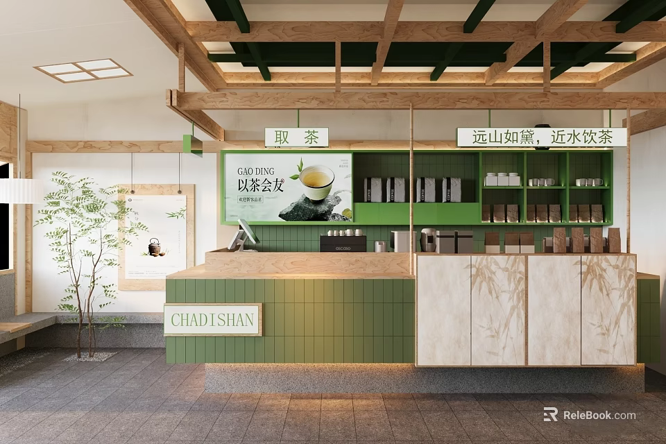 Modern Bubble Tea Shop With Wooden Elements Green Beige Counter Shelves Cups And Plant 3d model 