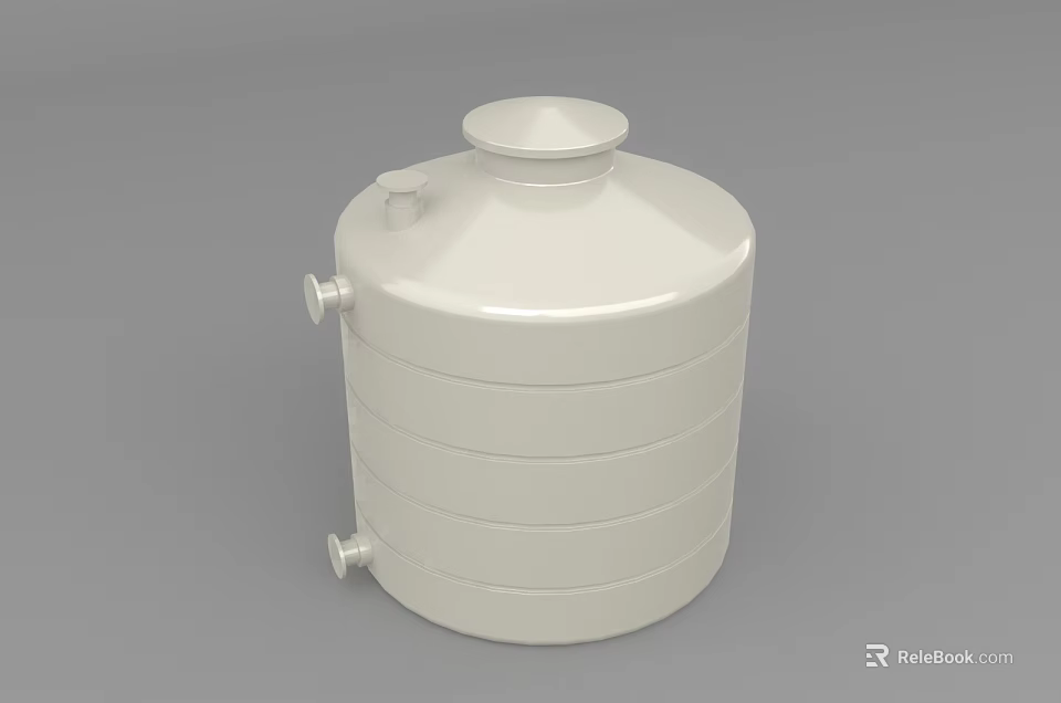 White Cylindrical Industrial Storage Tank With Horizontal Bands Top Opening And Side Ports 3d model 