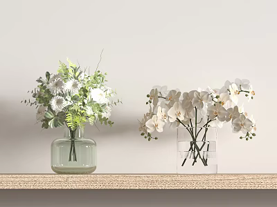 Light Green Vase With White Daisies And Clear Vase With White Orchids On Wooden Shelf 3d model