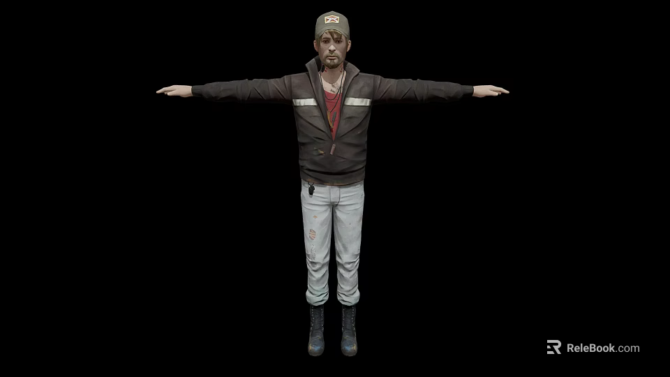 Game Movie Character In Cap Brown Jacket Red Shirt Light Pants Black Boots Arms Outstretched 3d model 