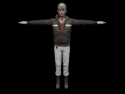 Game Movie Character In Cap Brown Jacket Red Shirt Light Pants Black Boots Arms Outstretched 3d model
