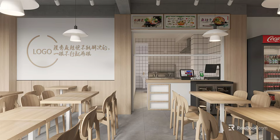 Modern Hotpot Restaurant Interior With Open Kitchen Wooden Tables Chairs And Menu Posters 3d model 