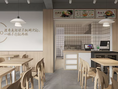 Modern Hotpot Restaurant Interior With Open Kitchen Wooden Tables Chairs And Menu Posters 3d model