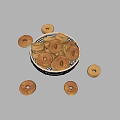 Golden Brown Donuts in Wicker Basket with Scattered Pieces Around
