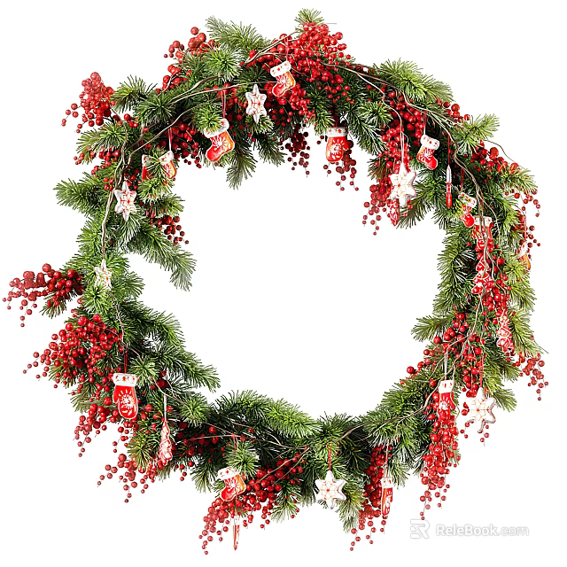 Festive Christmas Wreath Ornament With Green Pine Branches Red Berries And Decorative Elements 3d model 