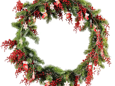 Festive Christmas Wreath Ornament With Green Pine Branches Red Berries And Decorative Elements 3d model