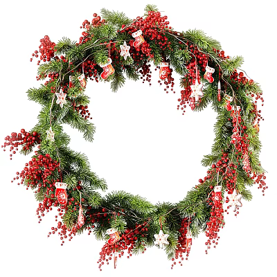 Festive Christmas Wreath Ornament With Green Pine Branches Red Berries And Decorative Elements 3d model