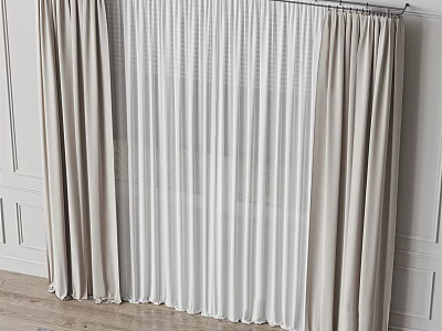 Layered Beige And White Curtains With Sheer Panels Hanging On Rod In Room 3d model