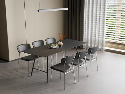 Modern Dining Table Set With Six Chairs Hanging Lamp And Curtains Near Window 3d model