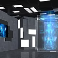 Futuristic Tech Room With Holographic Projection Blue Interface Wall Displays And Ceiling Lights