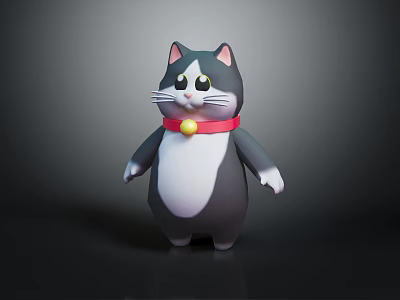 3D Cartoon Cat With Gray White Fur Red Collar Golden Bell Standing On Black Background 3d model