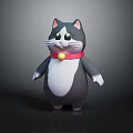3D Cartoon Cat With Gray White Fur Red Collar Golden Bell Standing On Black Background