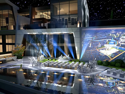Modern Outdoor Leisure Space With Water Pool Lighting Seating And Large Screen 3d model