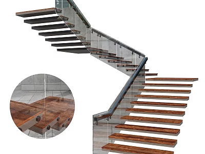 Modern Staircase Design With Floating Wooden Steps And Glass Railing Interior 3d model