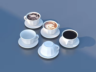 Modern Coffee Cups Saucers With Latte Art Black Coffee Empty And Covered For Daily Living 3d model