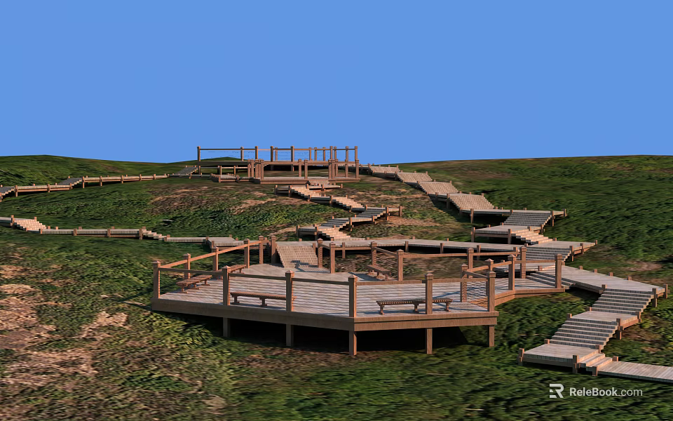 Scenic Road Facilities Featuring Wooden Walkways Steps Platforms And Railings On Grassland 3d model 
