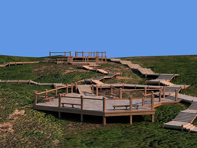 Scenic Road Facilities Featuring Wooden Walkways Steps Platforms And Railings On Grassland 3d model