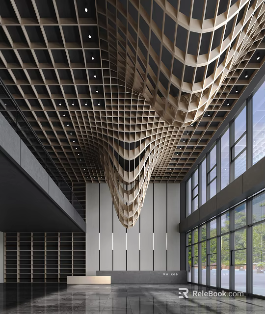 Modern Front Desk Reception With Unique Wooden Ceiling Design And Large Glass Windows 3d model 