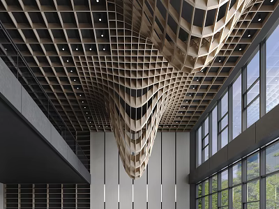 Modern Front Desk Reception With Unique Wooden Ceiling Design And Large Glass Windows 3d model